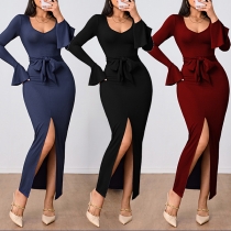 Enfärgad Mode V-ringad Trumpetärmad Långärmad Bodycon Maxiklänning med Knytband och Framslits