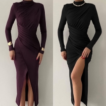 Mode Rund Hals Långärmad Rynkad Fram Slitsad Maxi Bodycon Klänning