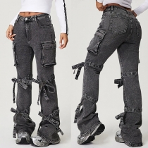 Street Style Fickdetalj Självknuten Rosett Vida Ben Vintage Tvättade Denimjeans