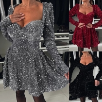 Mode Bling-bling Paljett Sweetheart Krage Långärmad Mini Festklänning
