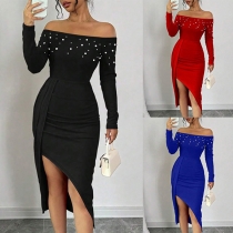 Sexig off-shoulder pärlformad oregelbunden fåll Bodycon festklänning