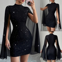 Glamorös Mock Neck Slits Långärmad Bodycon Partyklänning