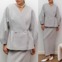 Elegant tvådelat set med dubbelknäppt skjorta och maxikjol