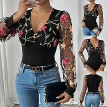 Sexig blommig broderad V-ringad gasväv skarvs långärmad bodysuit
