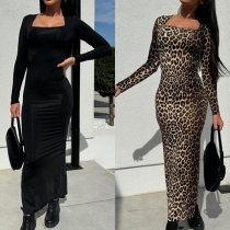Sexig leopardmönstrad långärmad maxiklänning med fyrkantig hals i Bodycon-stil