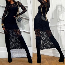 Sexig Rundhalsad Långärmad Bodycon Spetsklänning