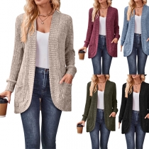 Moderiktig volangprydd långärmad stickad cardigan med krage