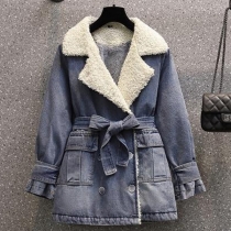 Varm Mode Plyschfodrad Notchkrage Långärmad Självknuten Vintage Tvättad Jeansjacka