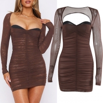 Sexig Sweetheart Neckline Mesh Långärmad Backless Skrynklad Bodycon Klänning
