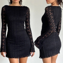 Elegant Jacquard Spets rundringad långärmad Bodycon Klänning