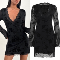 Sexig blommig Jacquard spets med slits och V-ringning långärmad Bodycon klänning