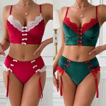 Sexig Spets Kontrastfärg Uppdelad Bowknot Tvådelat Underklädesset