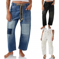Trendiga Gatumode-jeans med Patch-fickor och Dragsko i Midjan, Vintage-tvättad Look