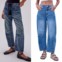 Streetwear Jeans med Patch-fickor och Dragsko i Midjan Gamla Tvättade