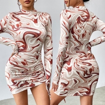 Modetryckt Rund Hals Långärmad Klänning med Sidodragkedja Bodycon