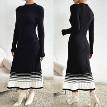 Mode Rundhals Långärmad Kontrastfärg Randig Printad Fåll Bodycon Ribbad Klänning