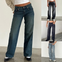 Mellanblå raka jeans med vintage tvätt
