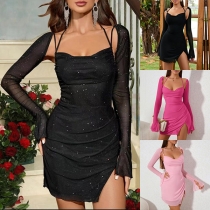 Sexig Bling-bling Glittrande Skarvad Draperad Fyrkantig Hals Främre Utskärning Sida Slits Rygglös Bodycon Festklänning