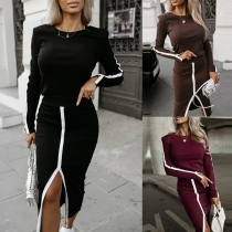 Street Style Tvådelat Set med Kontrastfärg och Randigt Tryck – Crop Skjorta och Slitskjol