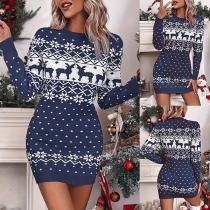 Vintage älgmönstrad rundhalsad långärmad stickad bodycon-klänning