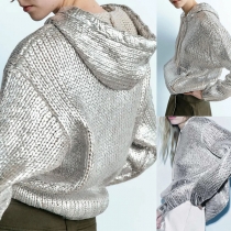 Streetwear Dragsko Huvtröja med Lång Ärmar Silverstickad Tröja