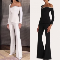Sexig Jumpsuit med Rhinestones och Oregelbunden Axel, Långärmad med Vida Ben
