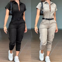 Mode halv dragkedja V-ringad kortärmad jumpsuit med patchfickor