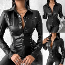 Street Fashion Stickad krage Långärmad konstläder PU blus