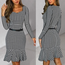 Vintage Houndstooth Mönster fyrkantig hals långärmad volangfåll Bodycon Klänning