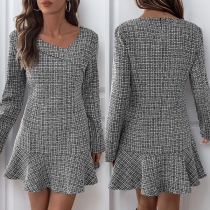 Retro oregelbunden halsringning långärmad klänning med volangdetaljer i tweed