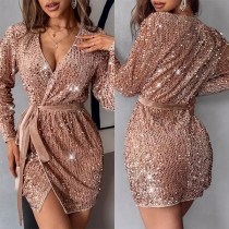 Sexig Bling V-ringad paljettklänning med långa ärmar och sidoslits, Self-tie Bodycon för fest