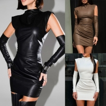 Sexig Hög Krage Ärmlös PU Läder Bodycon Klänning