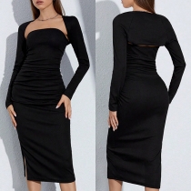 Snygg tvådelad set med crop cardigan och axelbandslös bodycon-klänning