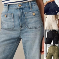 Streetwear Knappdetalj Fickor Raka retro-tvättade jeans