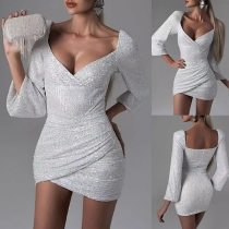 Sexig paljettblänk V-ringad långärmad asymmetrisk Bodycon festklänning