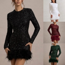 Mode Glittrande paljetter rund hals långärmad plysch med skarvad nederkant Bodycon cocktailklänning