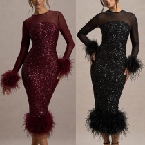 Sexig Glittrande Split Plysch Bodycon Festklänning