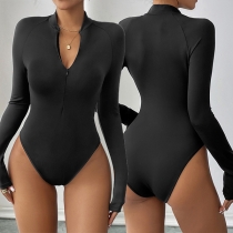Sexig långärmad bodysuit med V-ringning och halv dragkedja