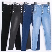 Mode dekorativa knappar hög midja plyschfodrade skinny jeans