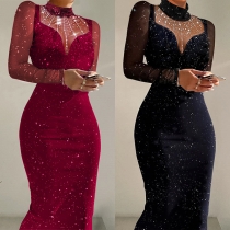 Sexig Glittrig Gaze Slitsad Hög Hals Långärmad Bodycon Festklänning