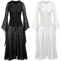 Vintage Lolita Trumpt Ärmlös Framknäppning Snörning bakåt Hooded Blommönstrad Jacquard Spetsklänning
