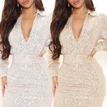 Sexig bodycon-klänning med paljetter, ståkrage och V-ringning, långärmad