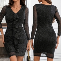 Mode Bling Volanger V-ringad Långärmad Bodycon Klänning