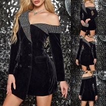 Mode Bling-bling Rhinestone Krag Slits Långärmad Dubbelradig Kavaj