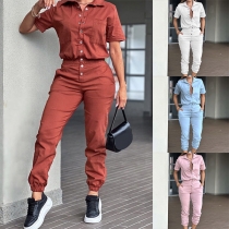 Trendiga Enfärgade Kortärmad Jumpsuit med Ståkrage och Resårmidja