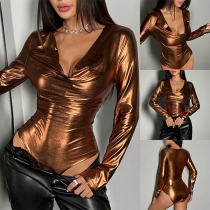 Långärmad sexig bodysuit i ljus guldfärg med draperad V-ringning