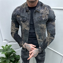 Streetwear tryckt ståkrage långärmad vintage-tvättad jeansjacka för herrar