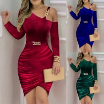 Mode Off Shoulder Långärmad Oregelbunden Hem Chain Bodycon Klänning