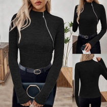 Mode sidodragkedja Mock Neck tröja med lång ärm