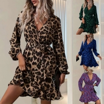 Mode Leopardmönstrad V-ringad Långärmad Knuten Mini Klänning
